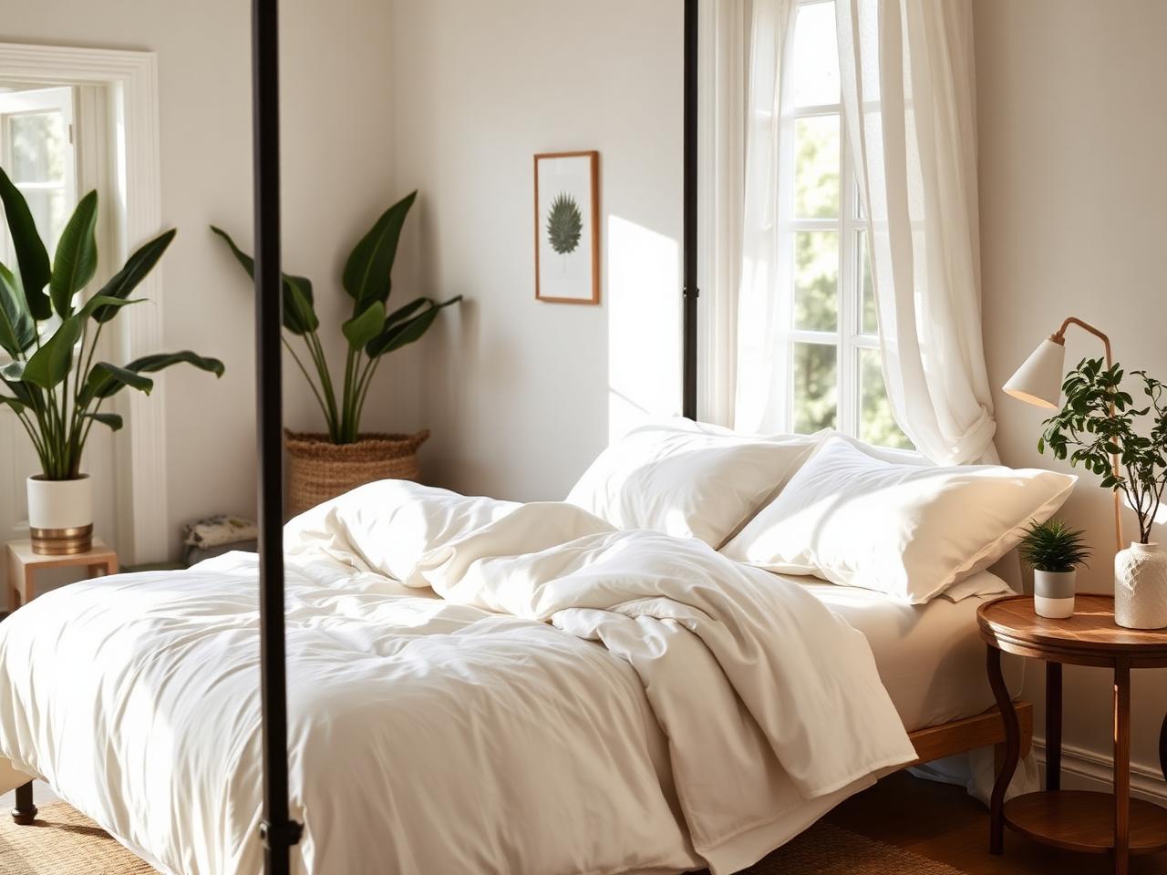 Bright bedroom suite with linen bedding