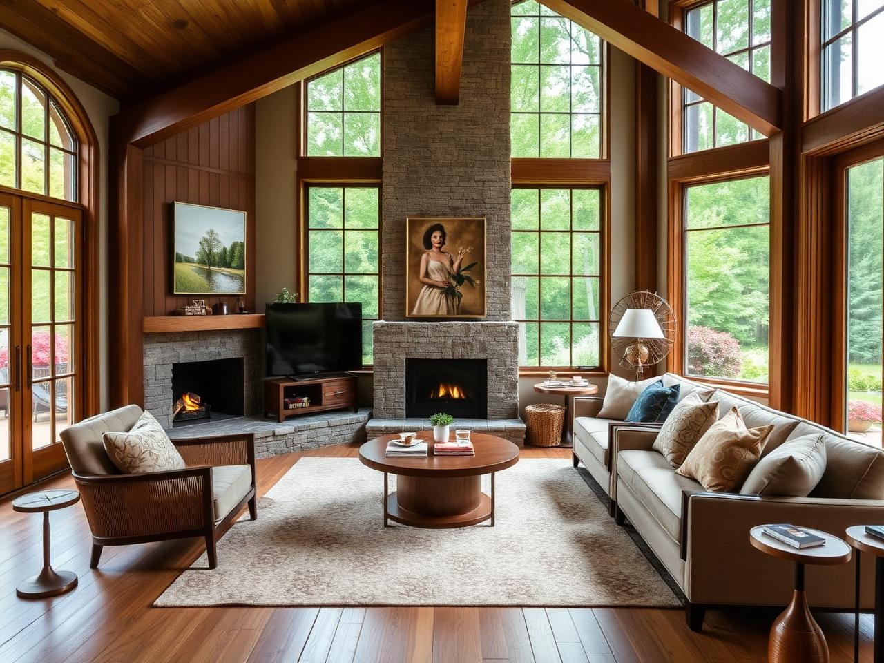 Warm living room with fireplace and large garden windows