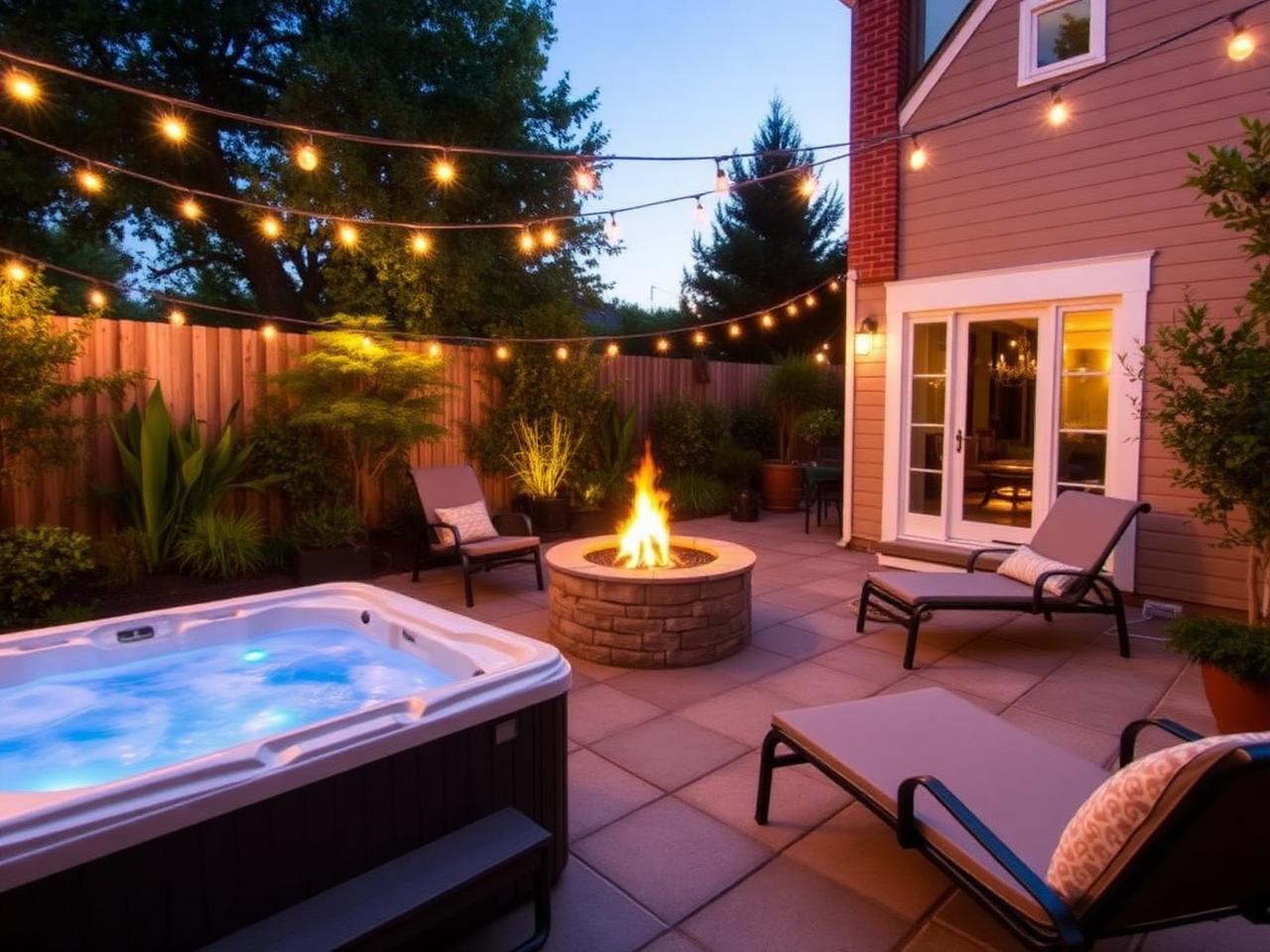 Private courtyard with hot tub and fire pit at dusk